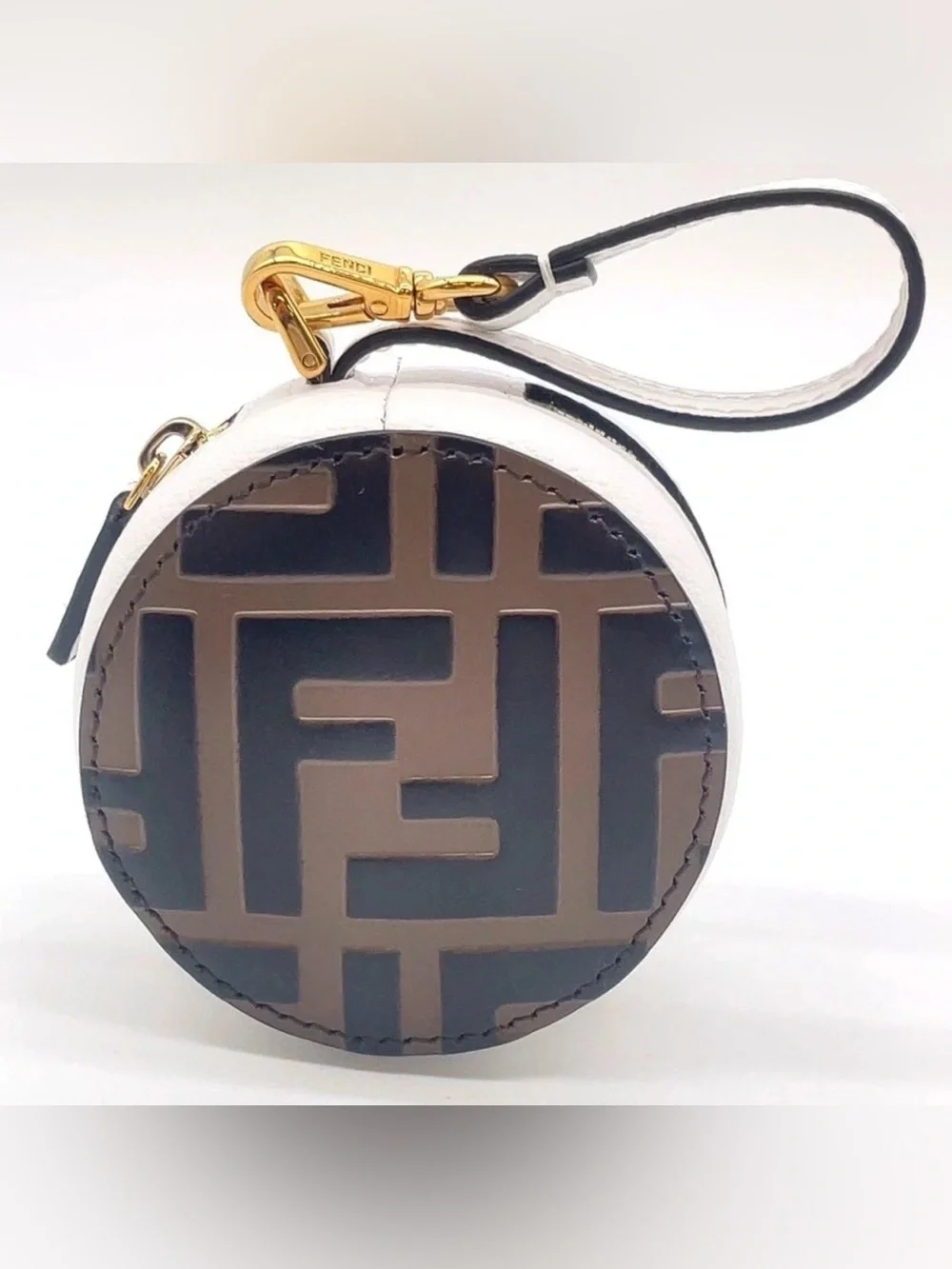 NEW Fendi White Leather Round Coin Case with Brown & Black FF Motif